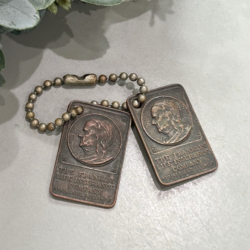 Vintage The Franklin Life Insurance‎ Company Brass Key FOB- Whitehead Hoag- 2 PC